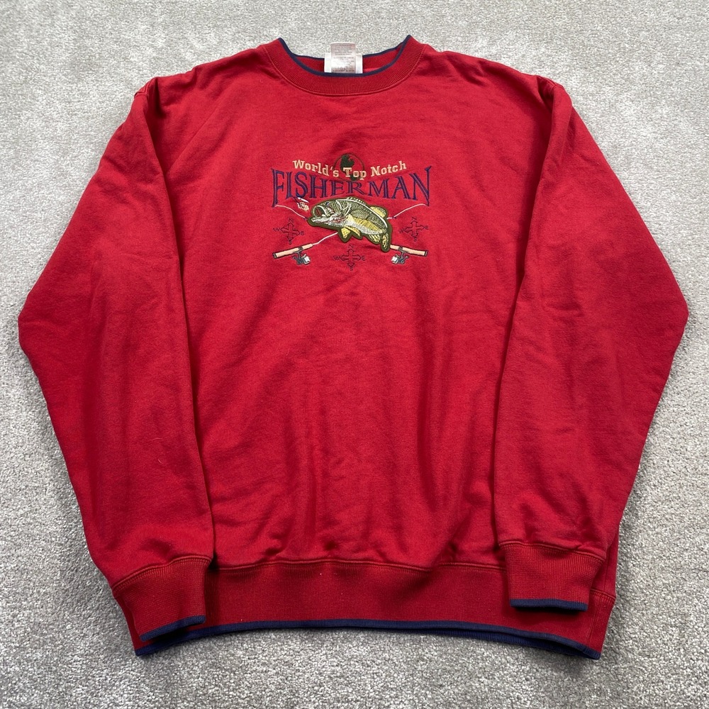MC Sport Fisherman Sweatshirt Mens Large Red Vintage Bass Fishing Embroidered